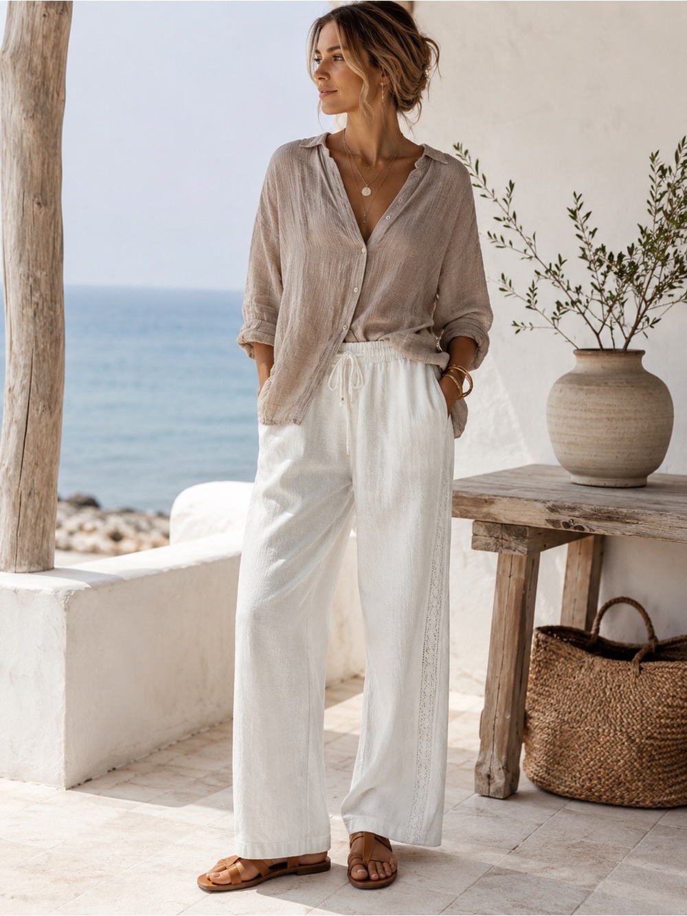 NWT Pumentia White Linen Blend Lace Trim Pants Coastal Boho Medium Resortwear